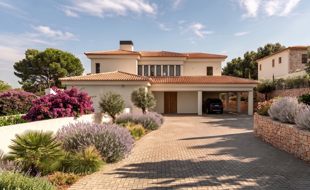 Casa Mos — vista frontal con entrada, buganvilla y lavanda